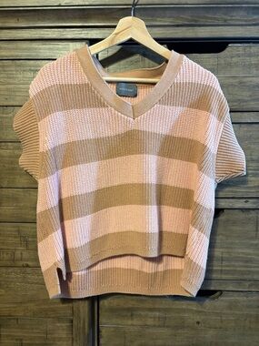 Hudson Gray Pink & Tan Striped V-Neck Knit Sweater